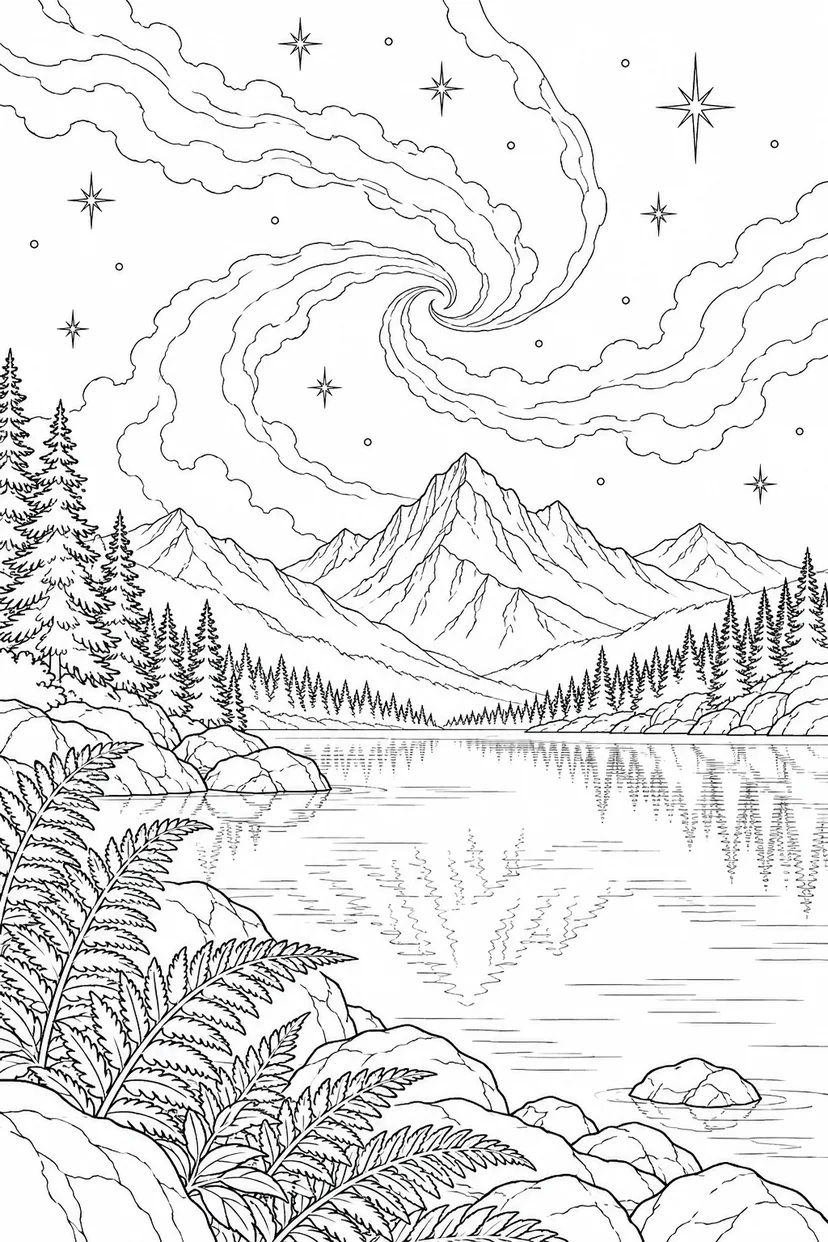 高山湖とシダと星雲のゆらめきの塗り絵