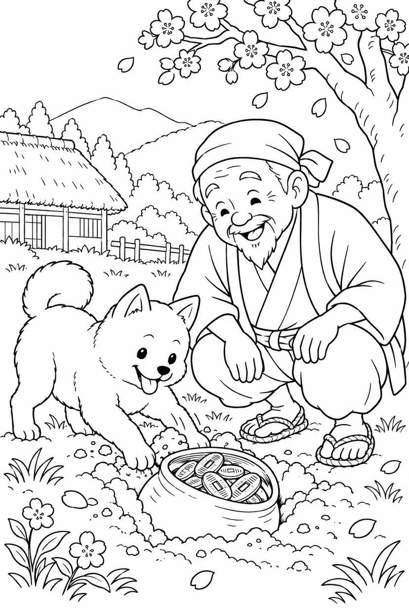 はなさかおじさん：白い犬が見つけた宝の壺（ほっこり）の塗り絵