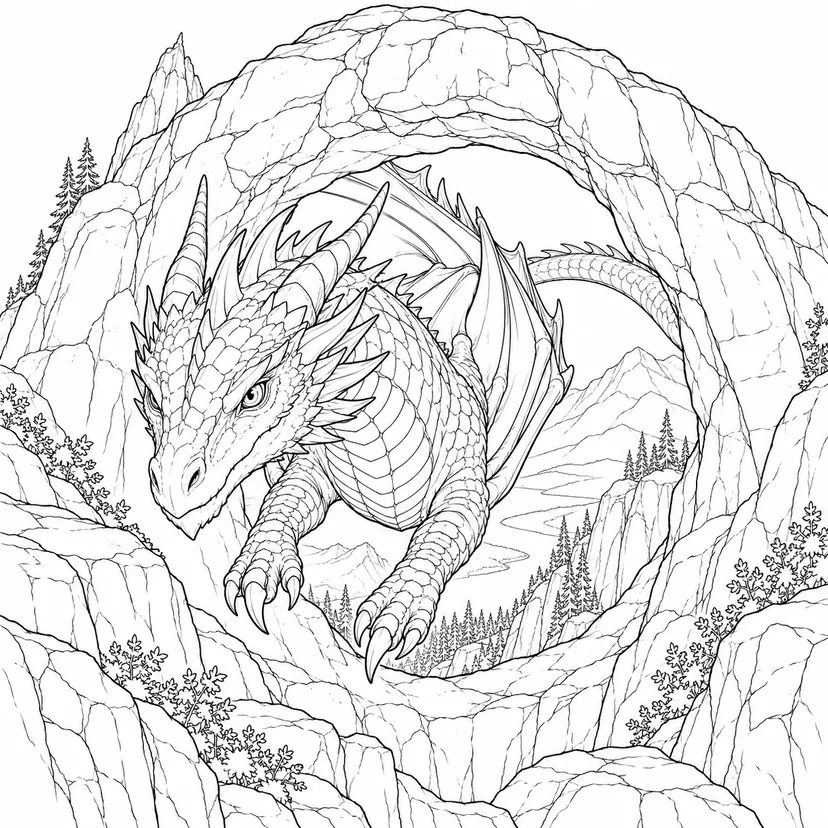 岩の輪をくぐり抜ける竜の塗り絵