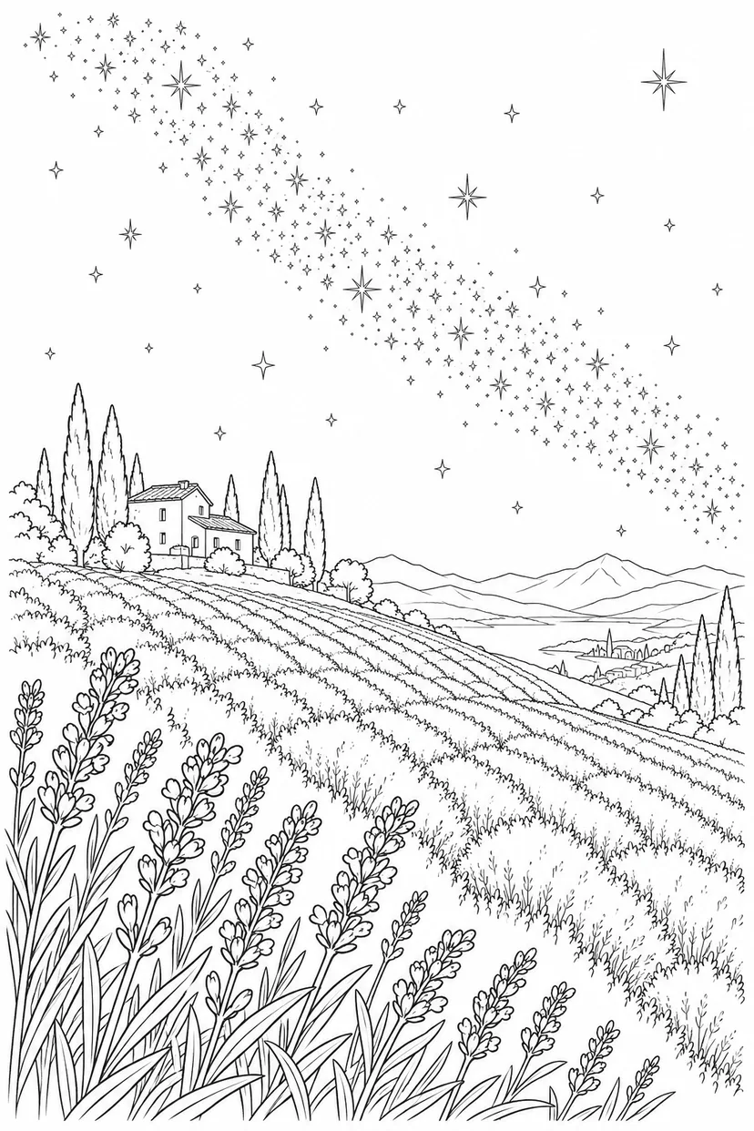 ラベンダーの丘と天の川の塗り絵