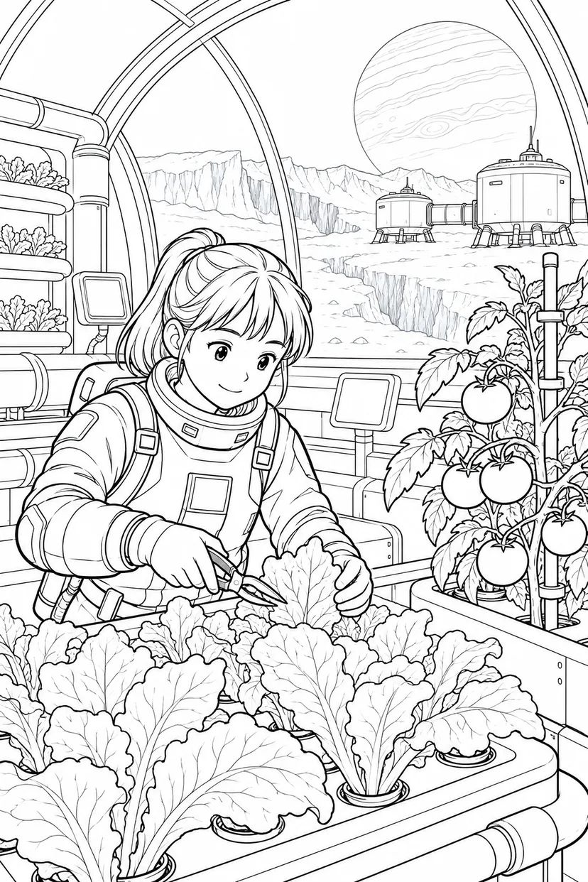 氷の衛星の探査基地：野菜を育てる温室の塗り絵