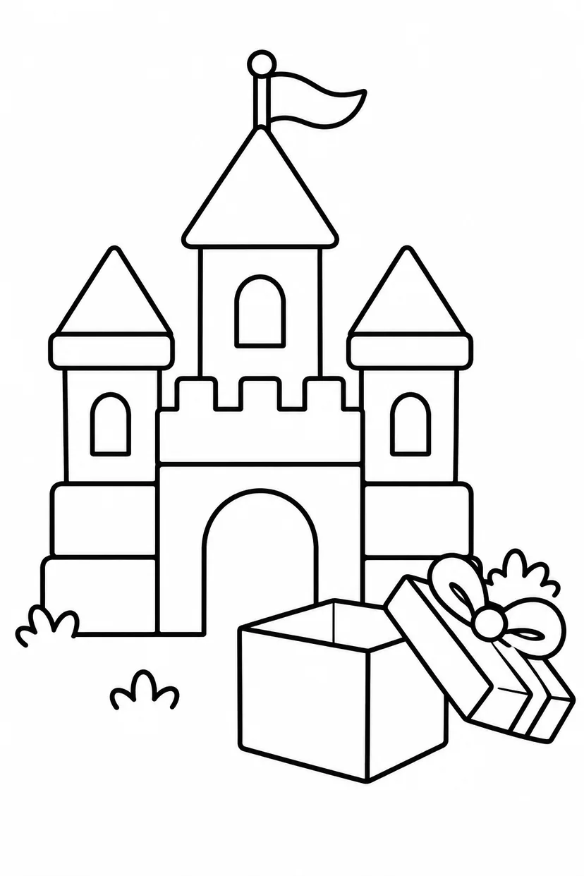 積み木のお城とプレゼント箱の塗り絵