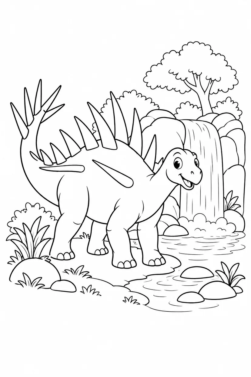 ケントロサウルスと滝の池の塗り絵