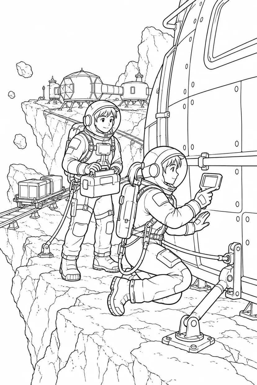 小惑星の岩山基地：外壁を調べる探査隊の塗り絵