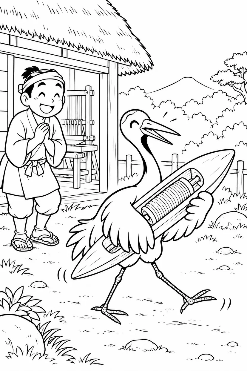 つるの恩返し：大きすぎる杼を運ぶつるの塗り絵