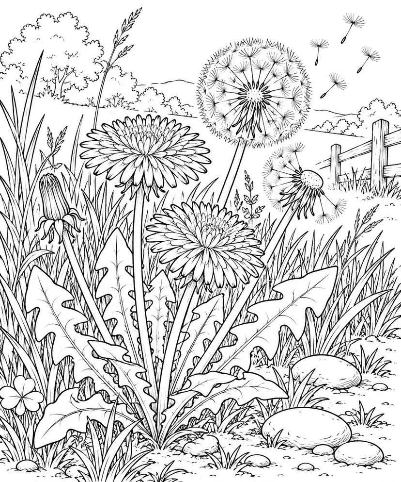 自然のひとこま：タンポポの花と綿毛の塗り絵
