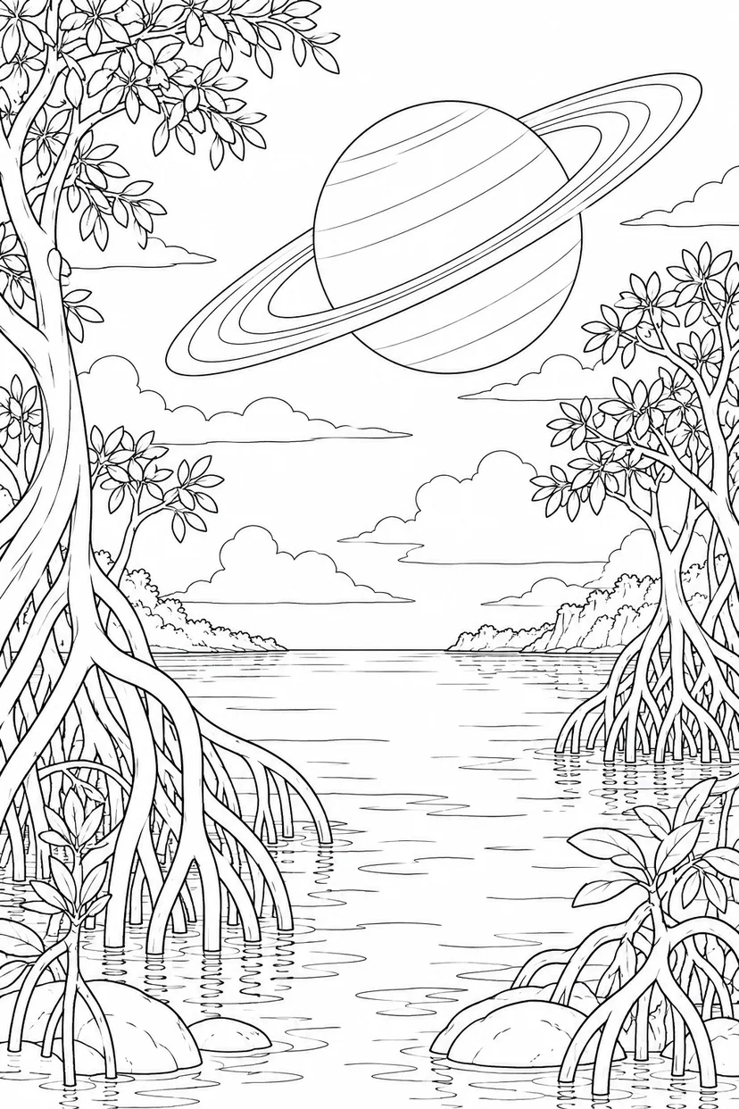 マングローブの入り江と環のある惑星の塗り絵