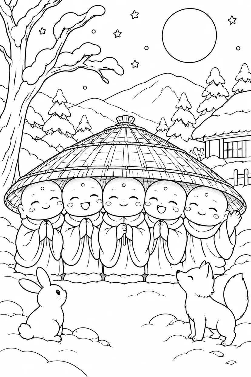 かさじぞう・大きな笠でぎゅうぎゅう集合の塗り絵