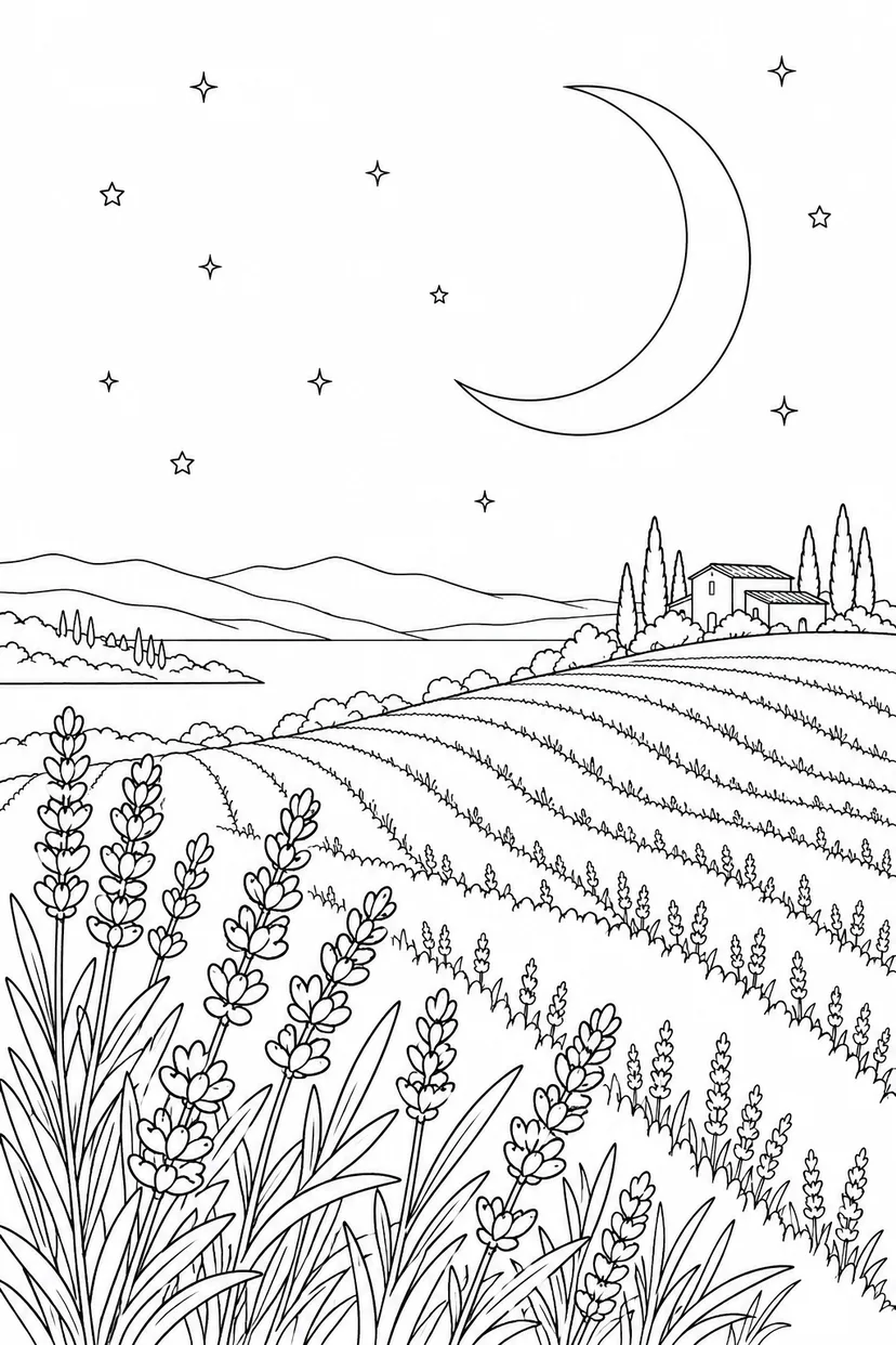 ラベンダーの丘と三日月の塗り絵
