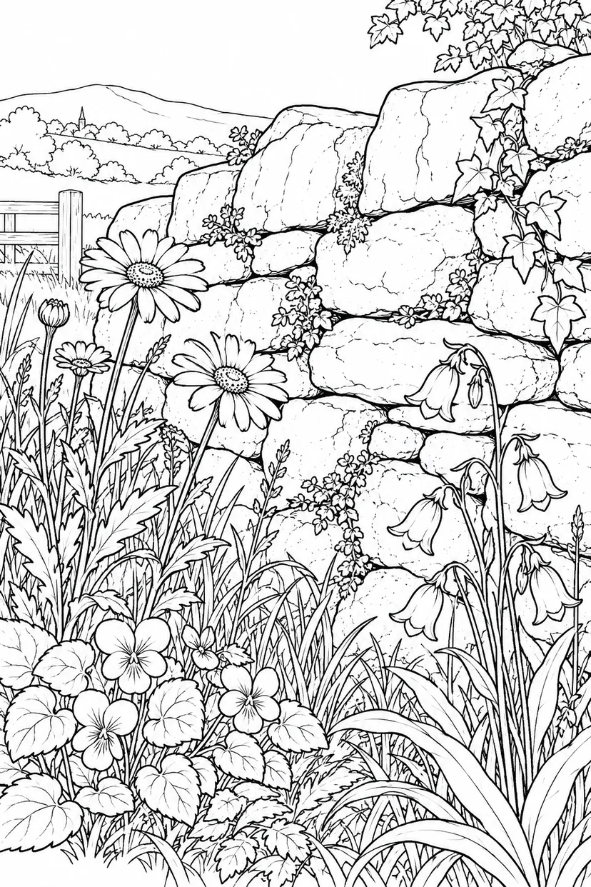 観察スケッチ：野の花が咲く石垣の塗り絵