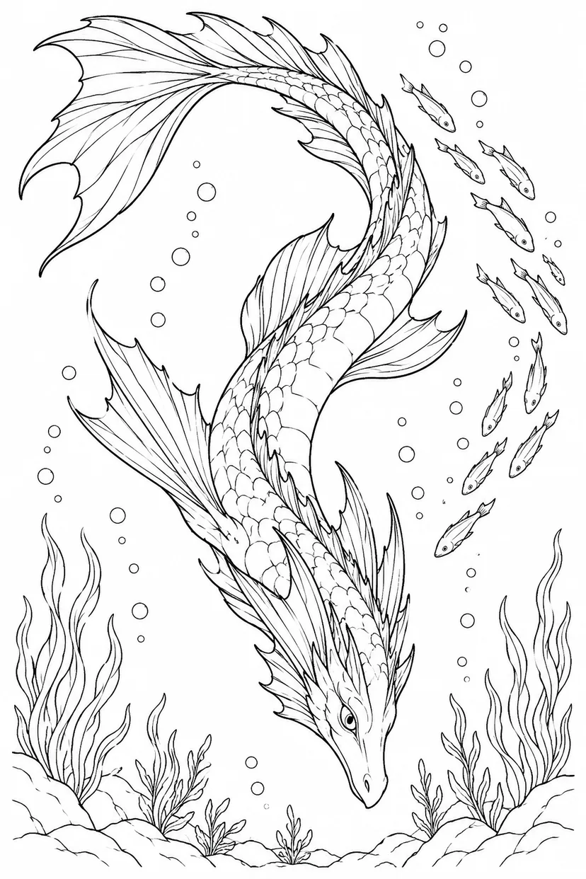 Coloriage Dragon à nageoires plongeant avec des poissons