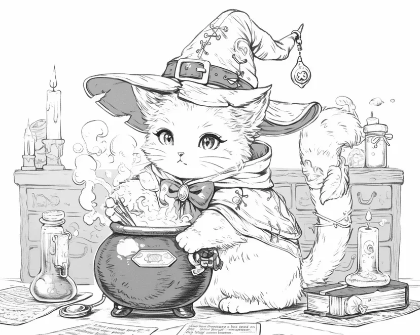 Desenho de Gato Espiando no Caldeirão Mágico para colorir