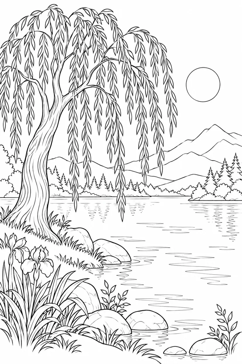 湖のほとりの静かな柳の塗り絵