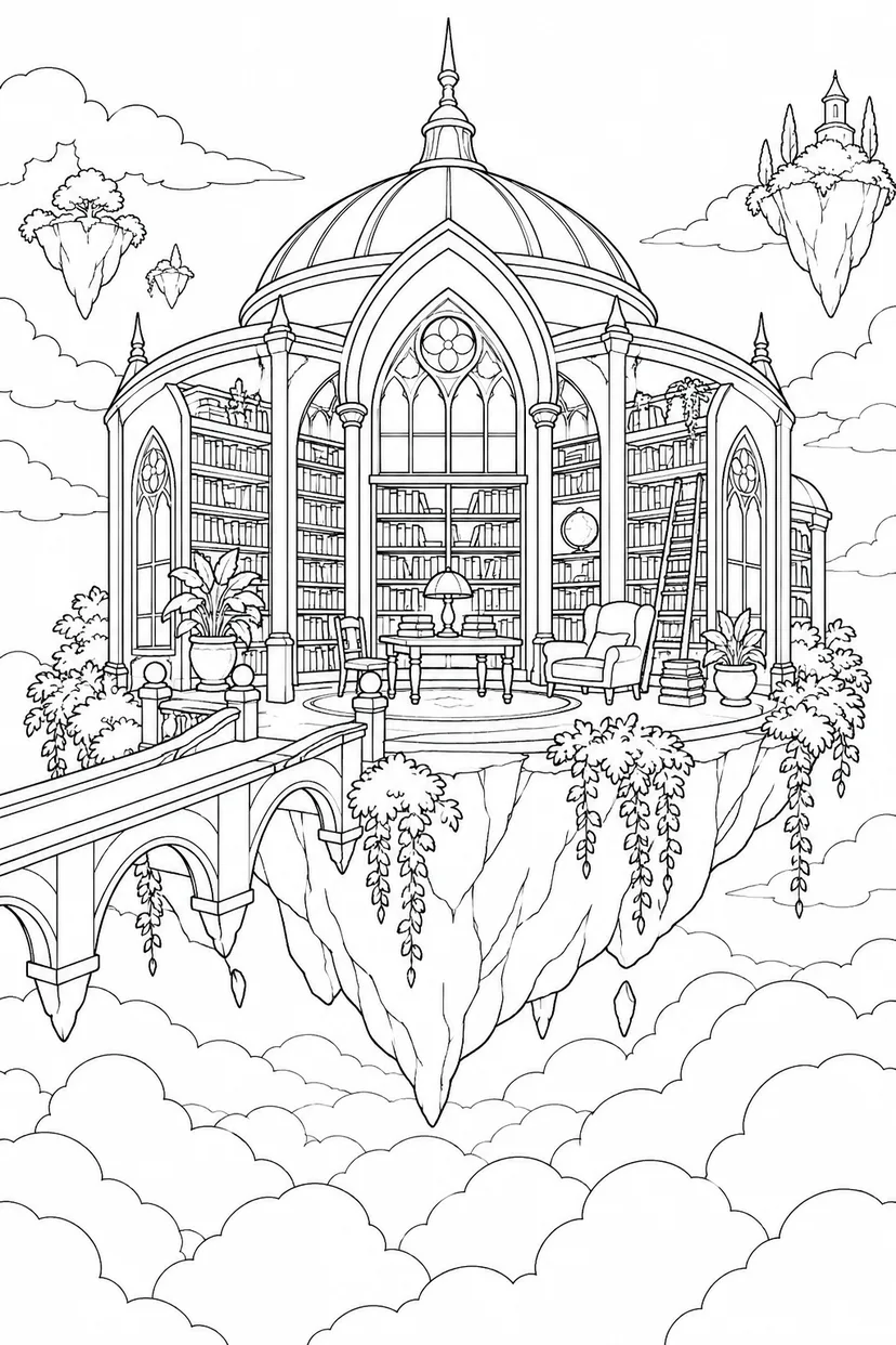 雲海に浮かぶ静かな図書館の塗り絵
