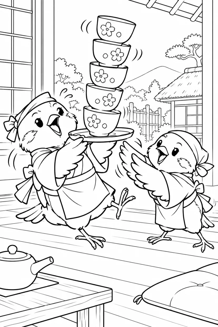 したきりすずめ：湯のみタワーでおっとっとの塗り絵