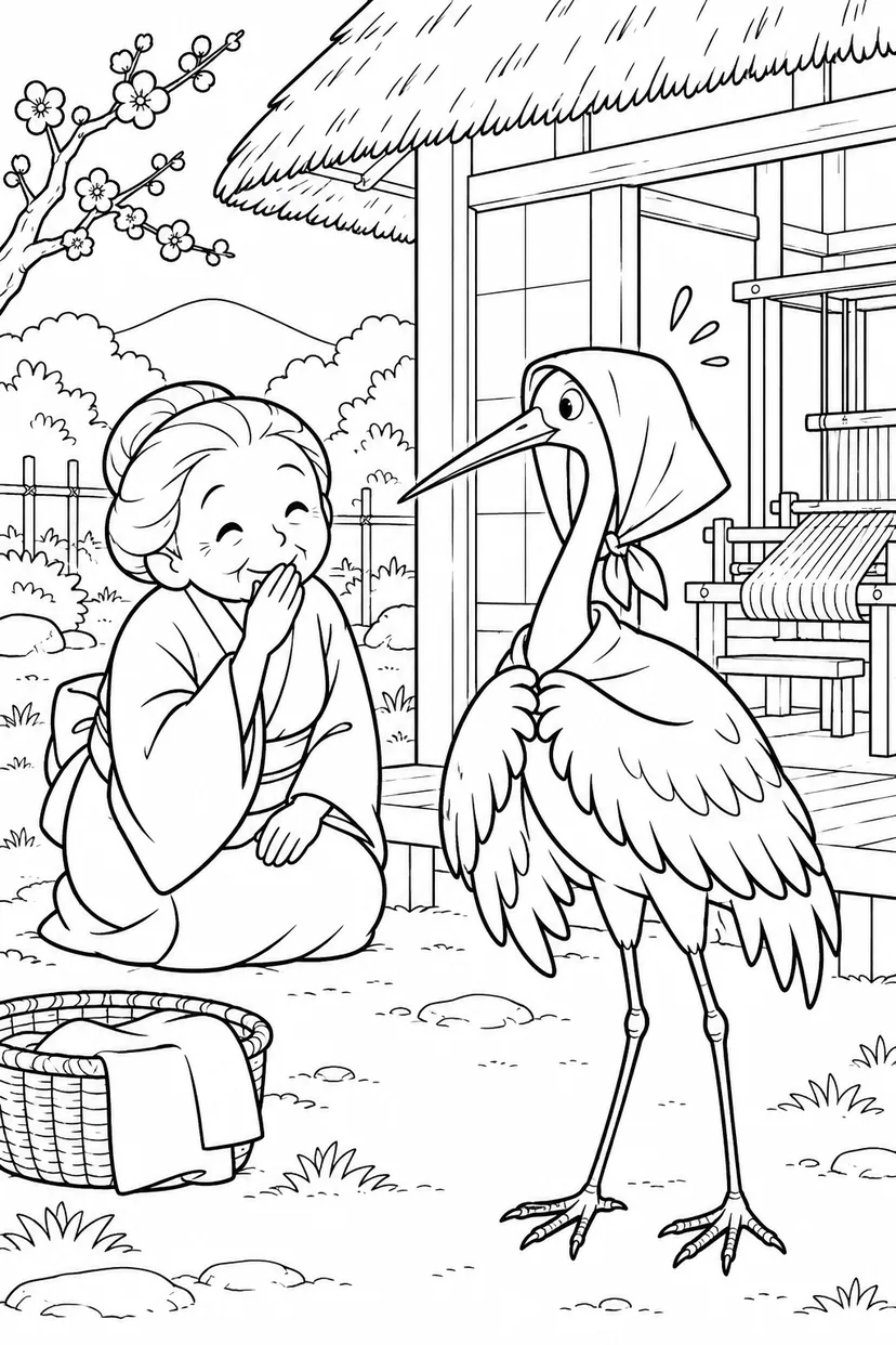 つるの恩返し：ほっかむりでもかくれないの塗り絵
