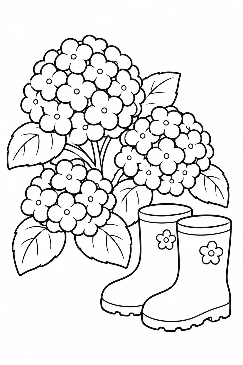 あじさいと長ぐつの塗り絵