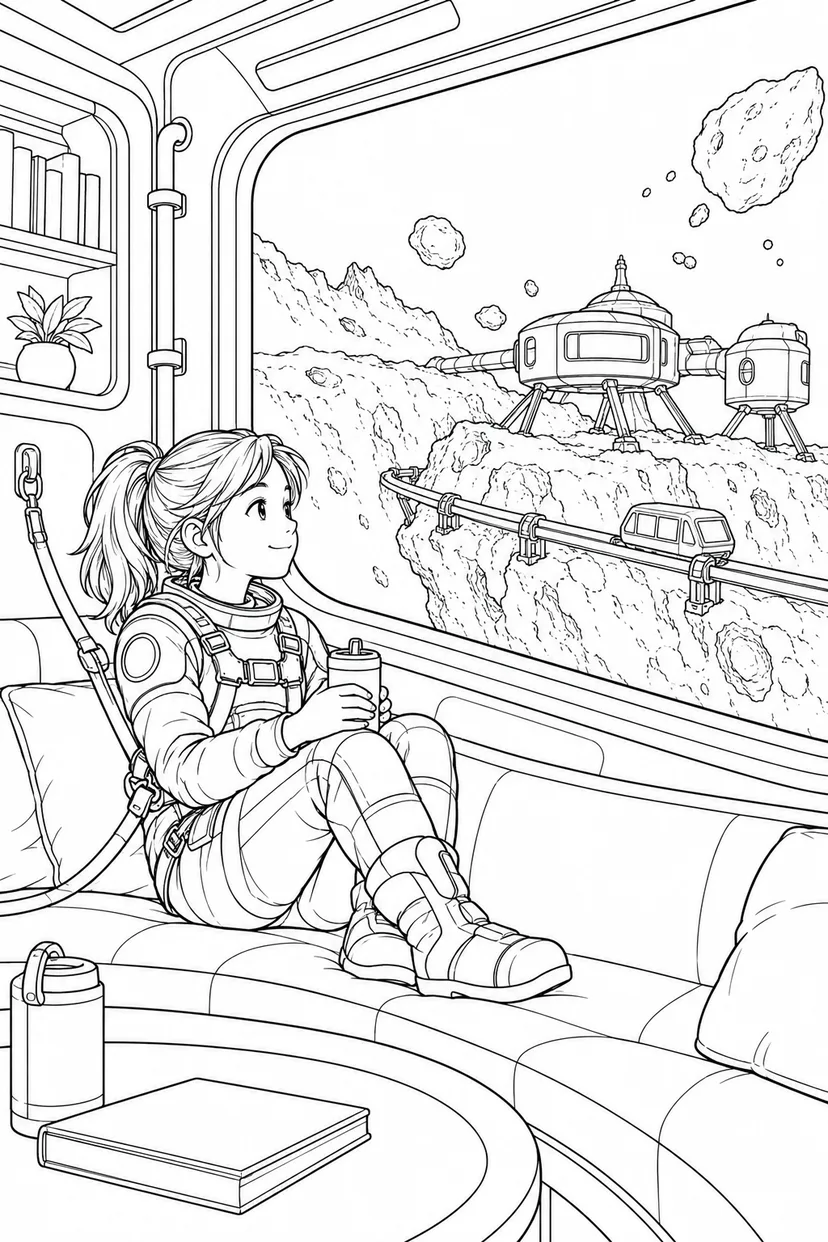 小惑星の岩山基地：窓のある休憩室の塗り絵