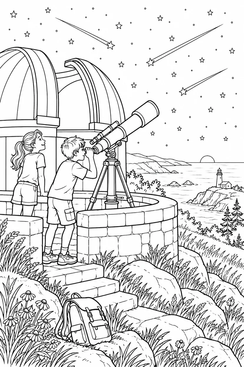 夏の天文台と星の観察の塗り絵