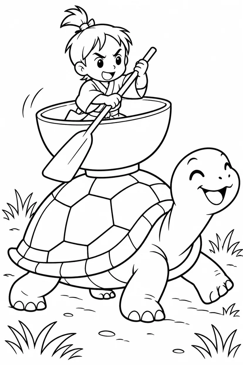 一寸法師・おわんの舟が亀の背にの塗り絵