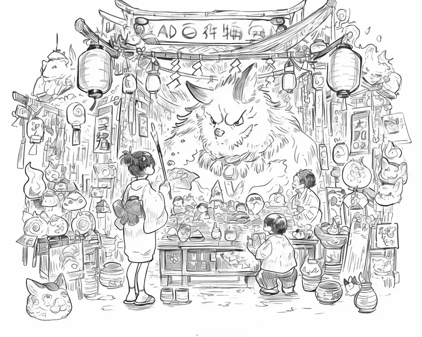 妖怪与灯笼的夜市涂色页