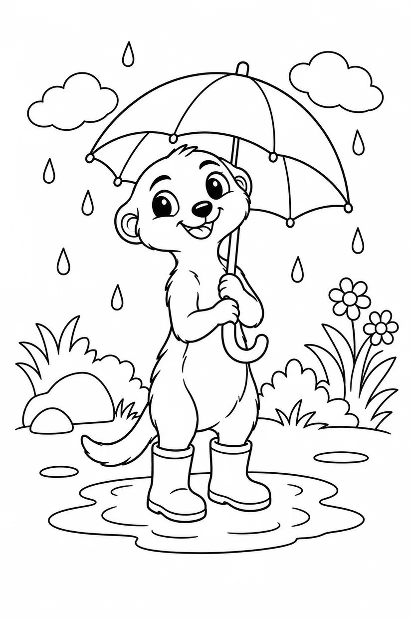 ミーアキャットの雨の日さんぽの塗り絵