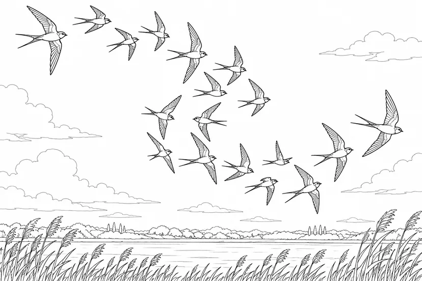 Dibujo de Bandada cruzando el cielo vespertino para colorear