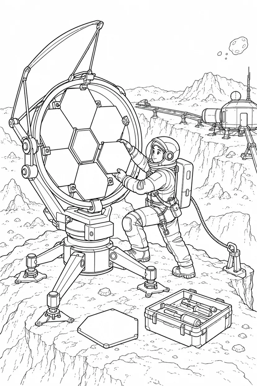 小惑星の岩山基地：組み立て中の望遠鏡の塗り絵