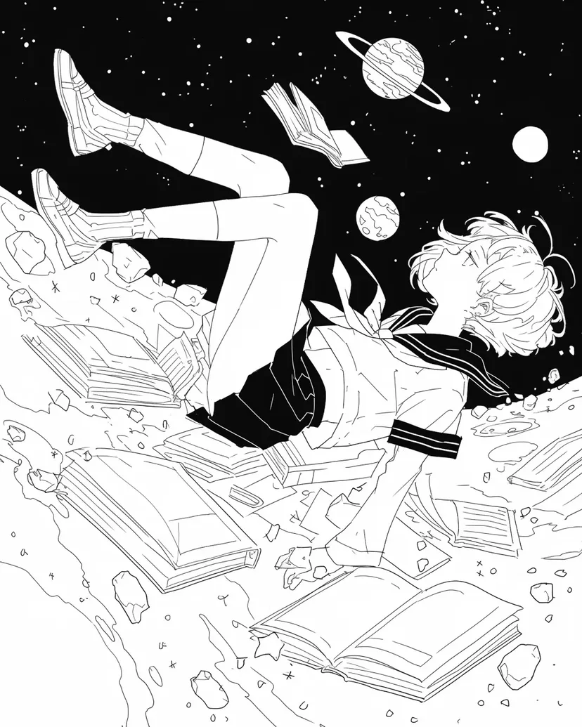宇宙を漂う少女の塗り絵