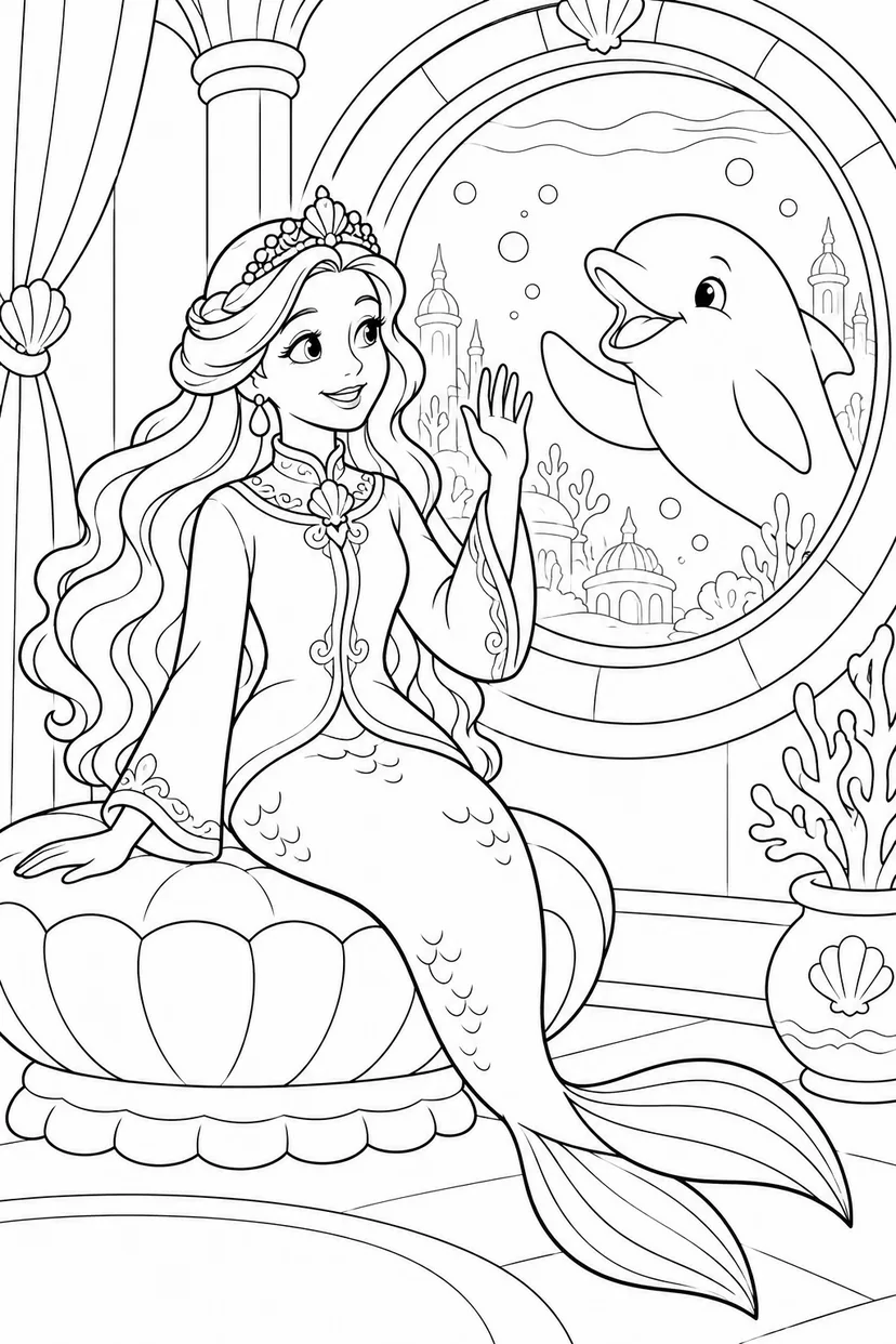 人魚姫：丸窓に来たイルカの塗り絵