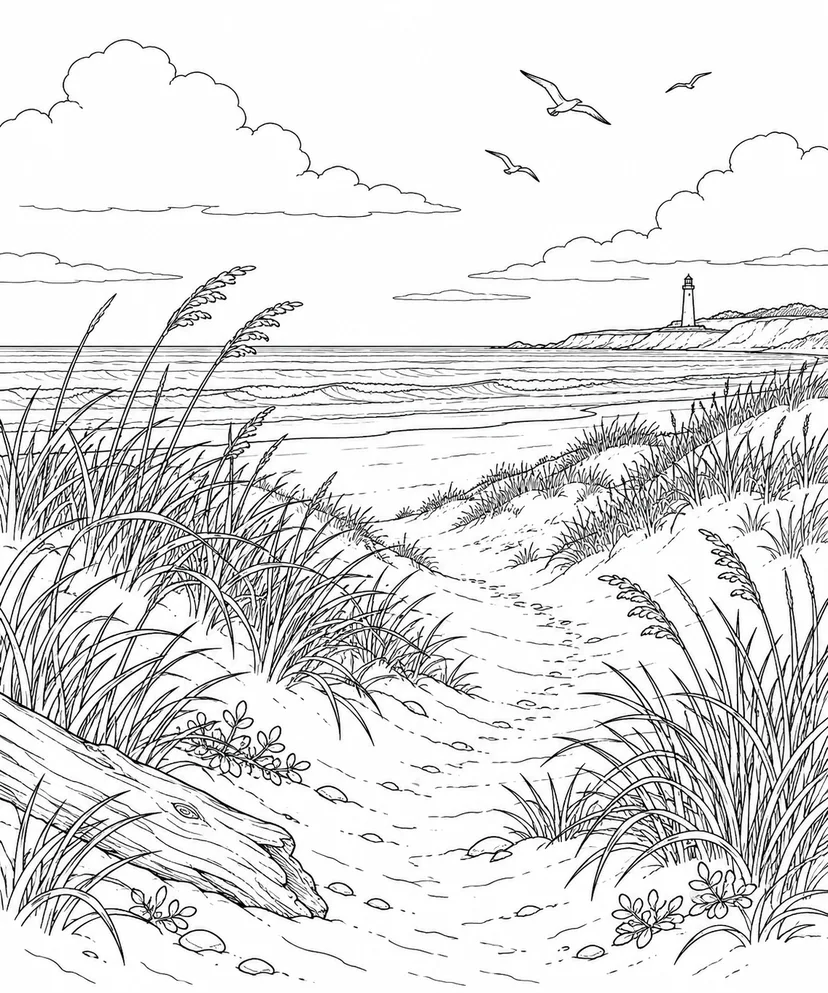 自然のひとこま：浜草の生える砂丘の塗り絵