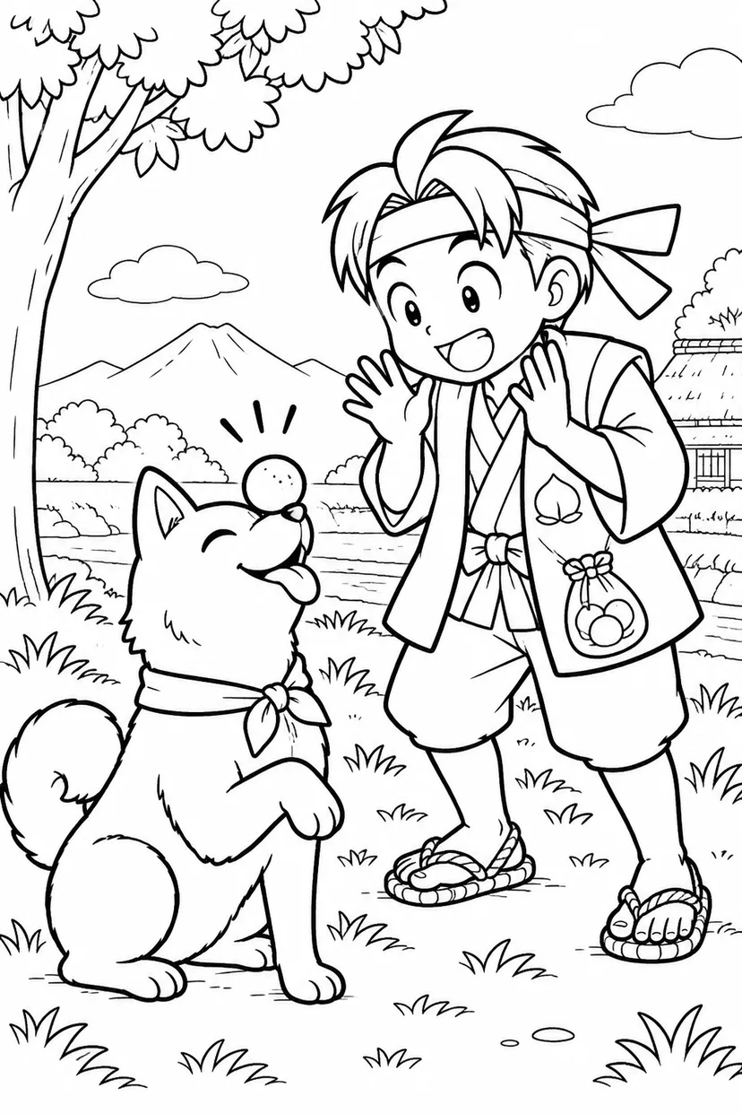 ギャグ桃太郎：犬にきびだんごをどうぞの塗り絵