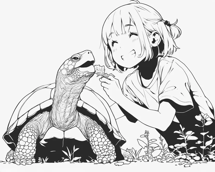 少女とカメの友情の塗り絵