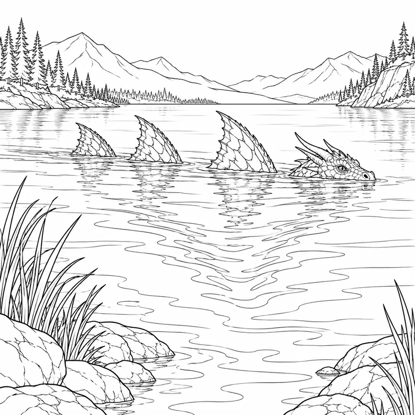 背びれだけを見せて泳ぐ竜の塗り絵