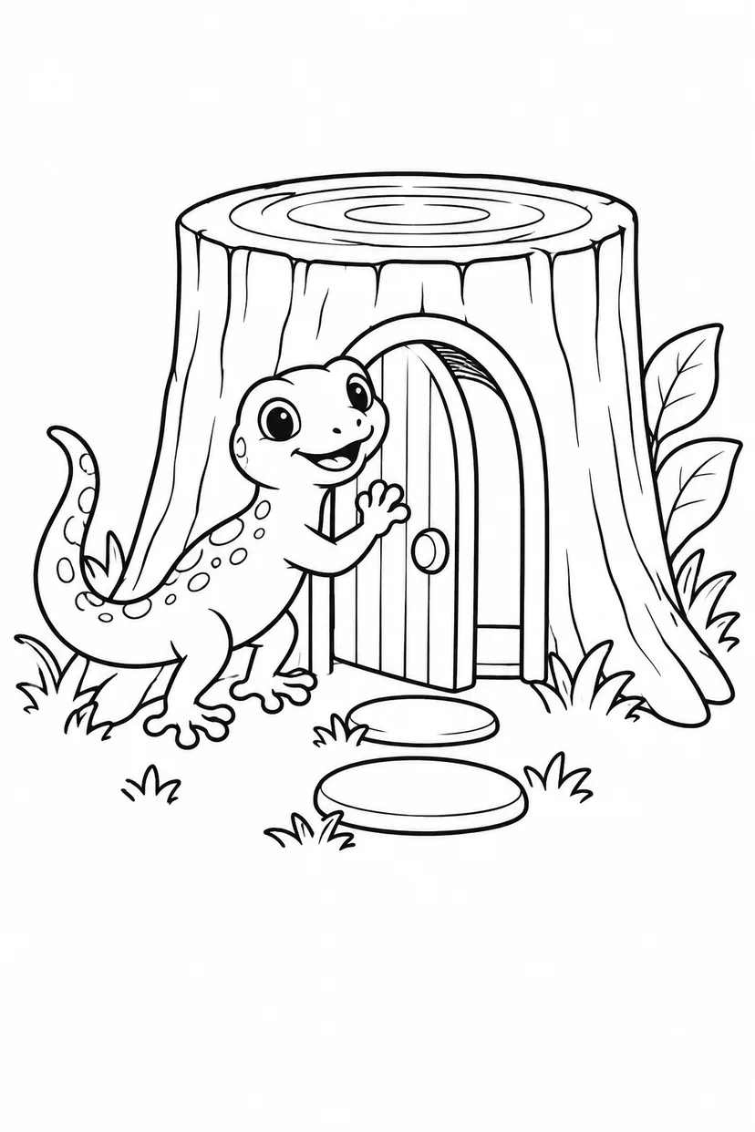 ヤモリと切り株の扉の塗り絵