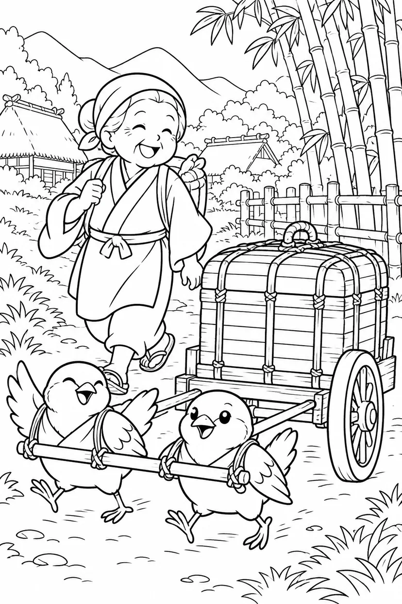 したきりすずめ：つづらは台車でらくらく運搬の塗り絵