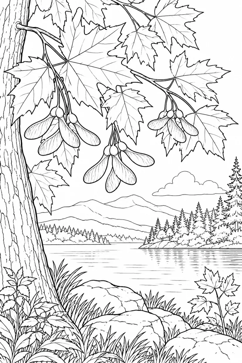自然のひとこま：カエデの葉と翼のある種の塗り絵