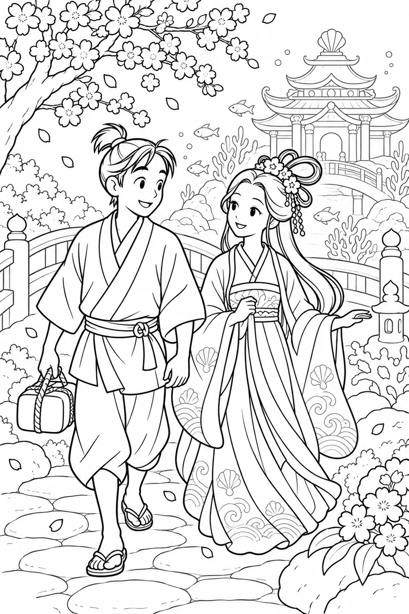 浦島太郎：竜宮城の春の庭（ほっこり）の塗り絵