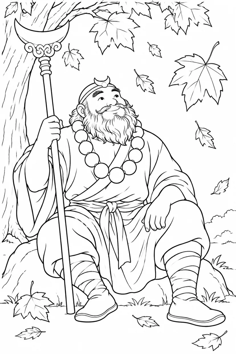 ほっこり西遊記：悟浄と秋の落ち葉の塗り絵