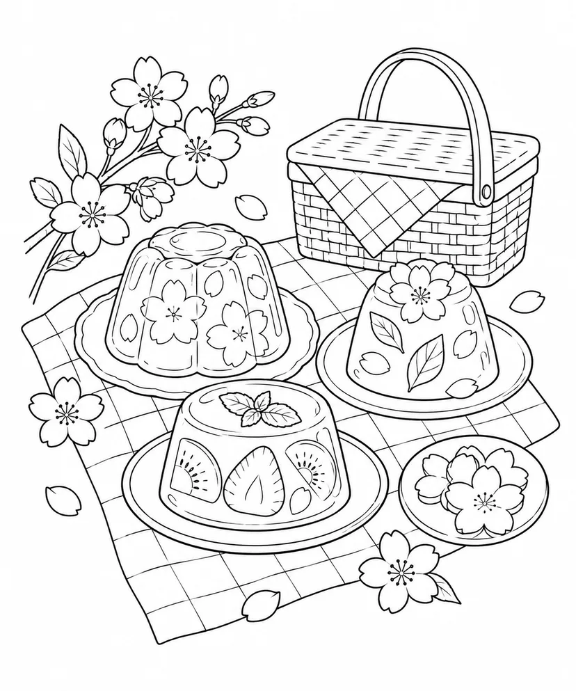 Desenho de Piquenique com gelatinas cor de primavera para colorir