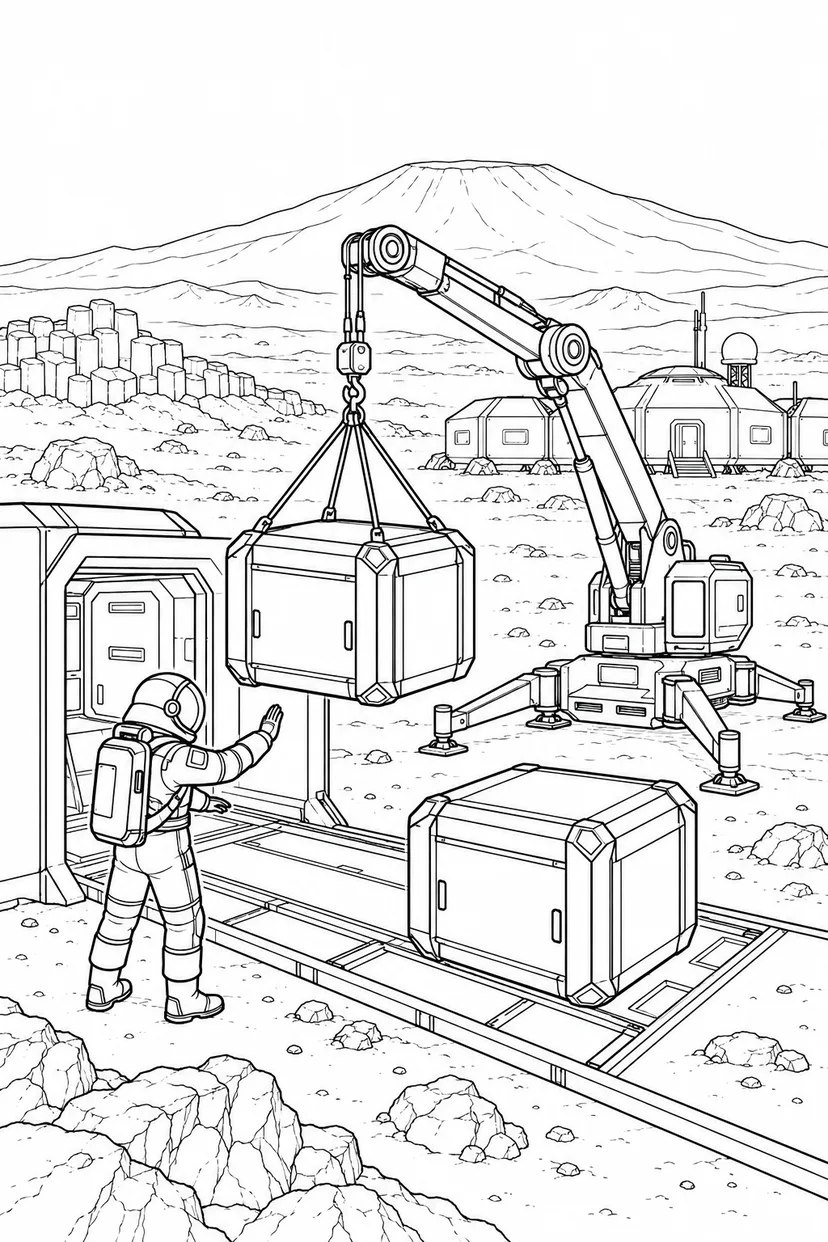 火星の火山平原基地：コンテナを運ぶクレーンの塗り絵