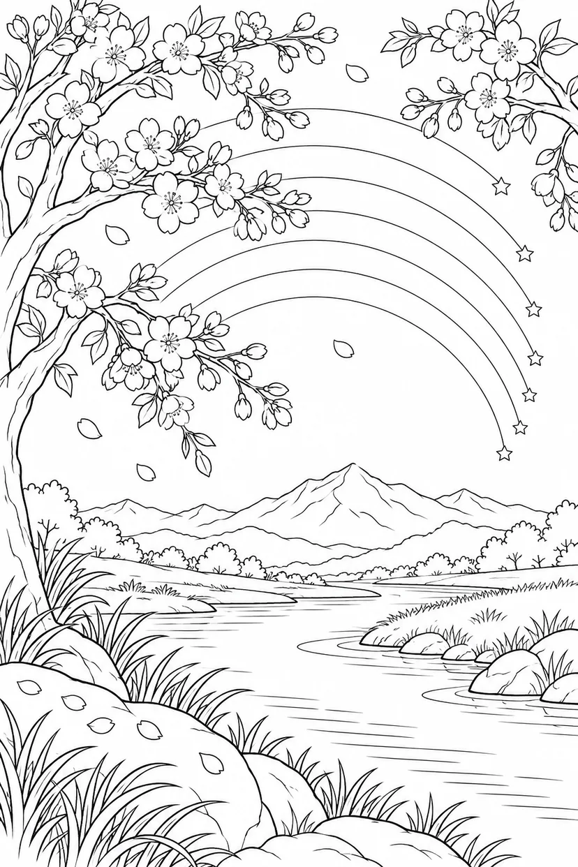 桜の枝と川辺と星の軌跡の塗り絵