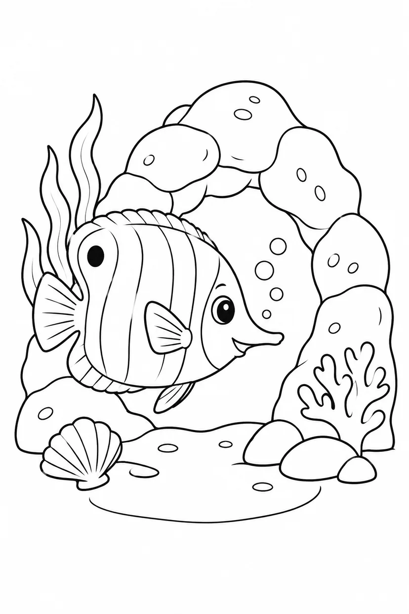 チョウチョウウオと海のトンネルの塗り絵