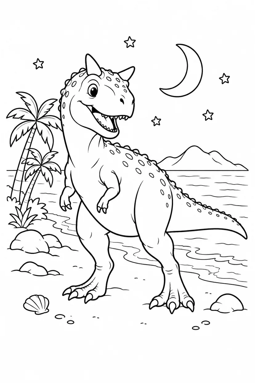 カルノタウルスと月の砂浜の塗り絵