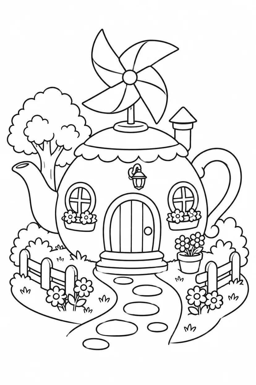 ティーポットのおうちの屋根の風車の塗り絵