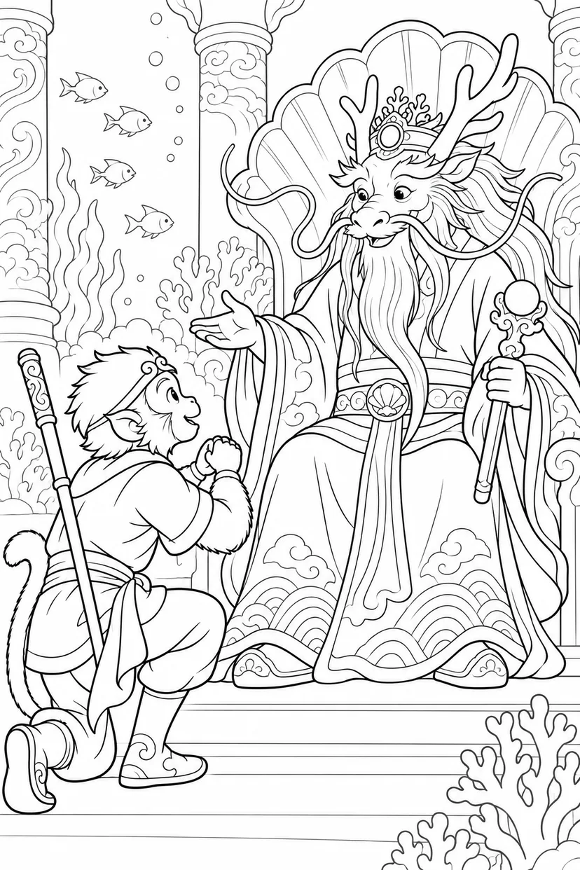 ほっこり西遊記：悟空と竜の王の塗り絵