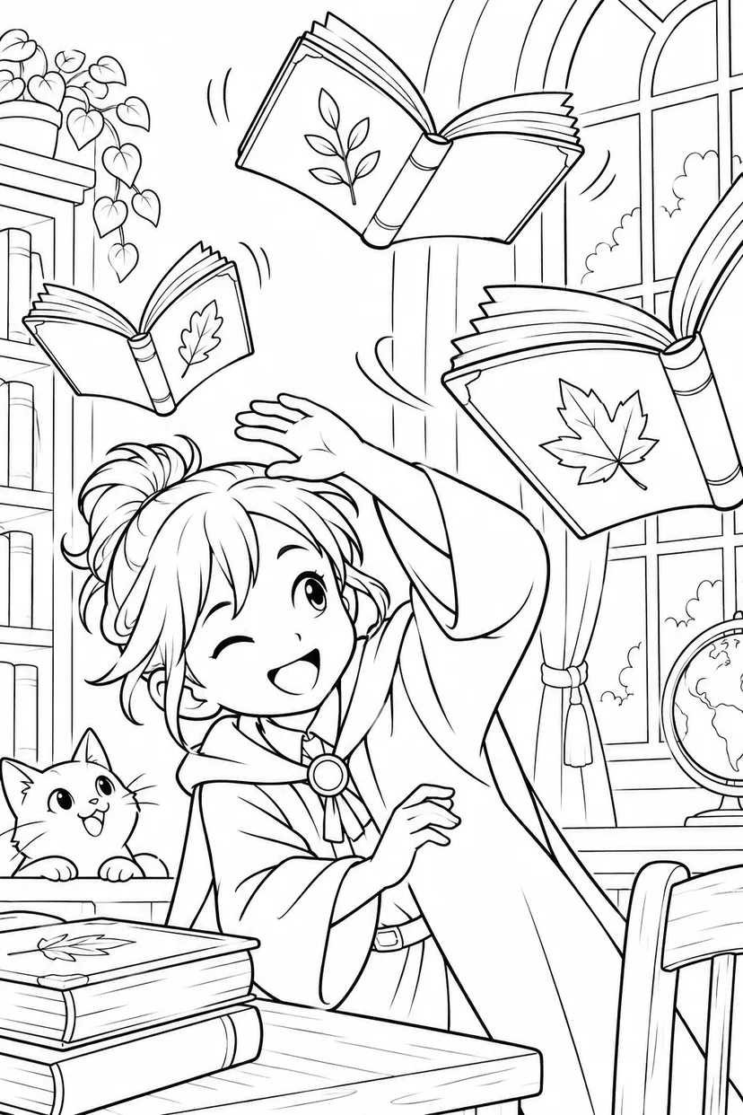 本が飛び出す図書室の塗り絵