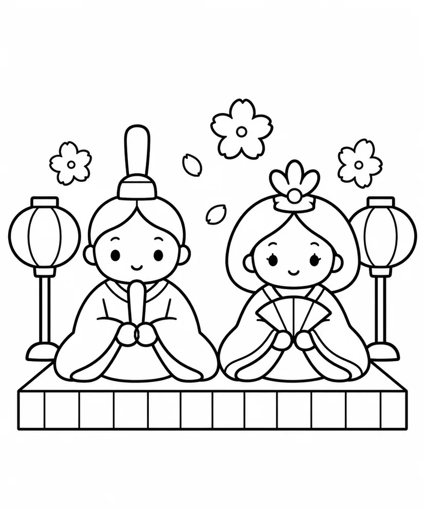 ひな祭りと小さなひな人形の塗り絵