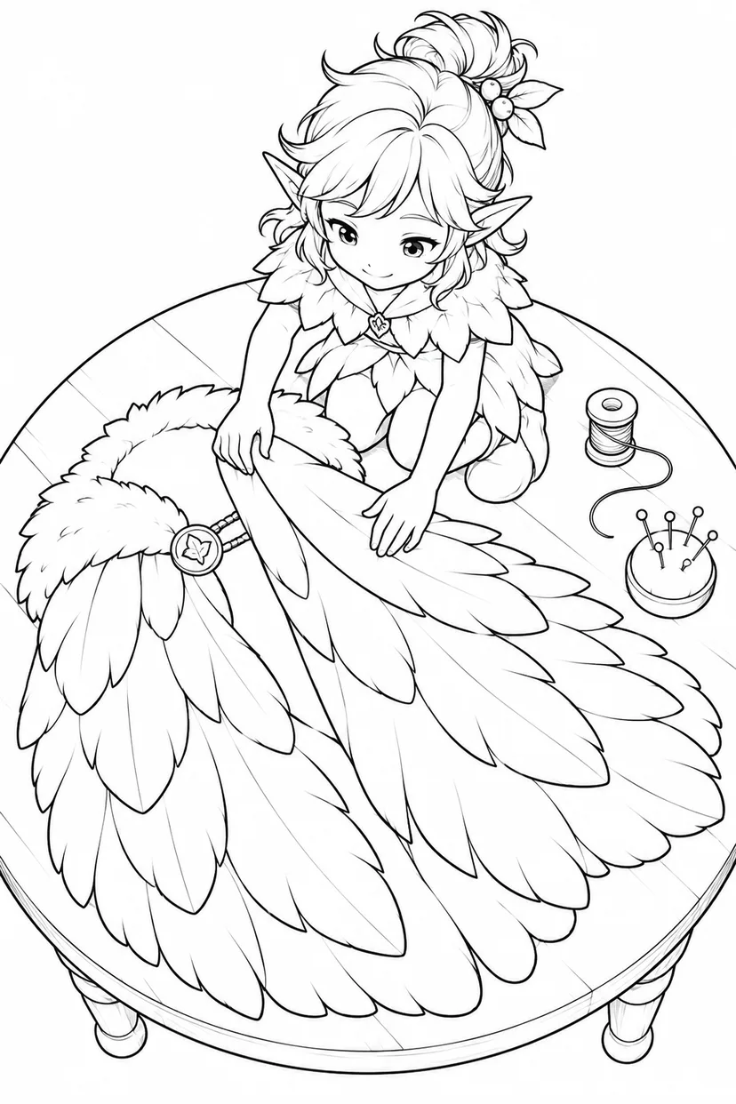 羽毛のマントをたたむ小人の塗り絵