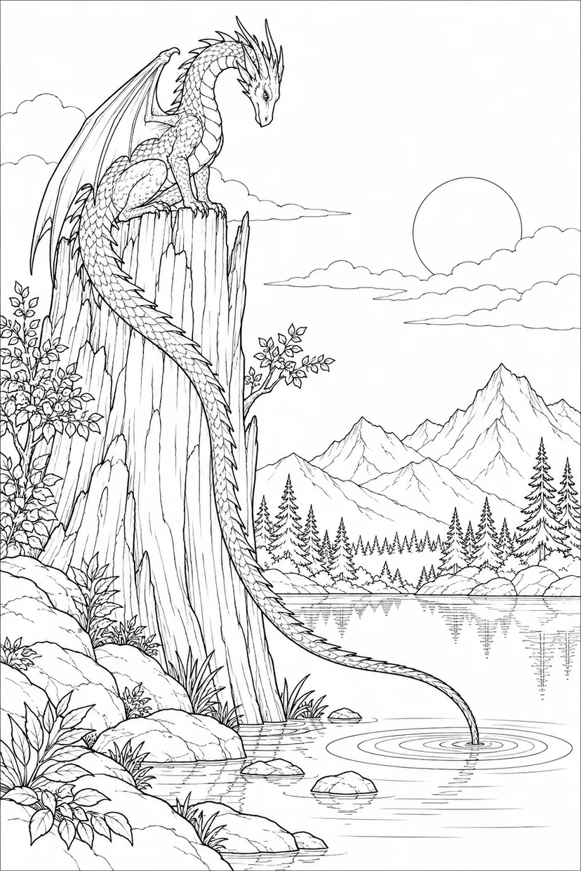 Dibujo de Dragón dibujando ondas con la cola para colorear